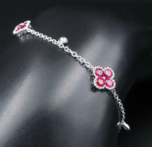 Ruby Diamond Station Bracelet Quatrefoil 18k White Gold 1.75ct 7" BG640