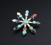 Zuni Sterling Silver Pendant Brooch Pin Artisan Halusewa Mixed Stone 1.2" PS2045