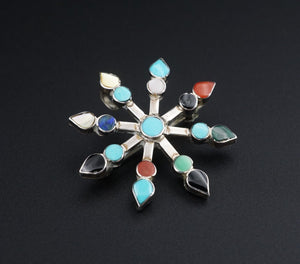 Zuni Sterling Silver Pendant Brooch Pin Artisan Halusewa Mixed Stone 1.2" PS2045