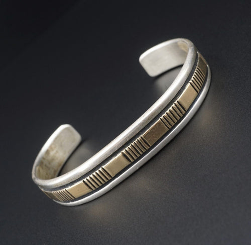Navajo Bruce Morgan Sterling Silver 14k Gold Etched Cuff Bracelet 6.5