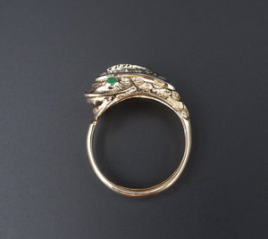 18k Gold Koi Fish Emerald Eye Diamond Bypass Ring Band Size 6 Dragon Naga RG3439