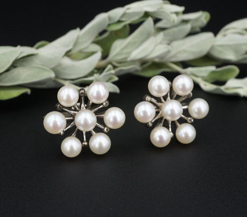 Vintage Mikimoto Pearl Earrings Sterling Silver Cluster Screw Backs 5mm ES2418