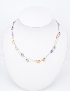 14k Station Necklace Rainbow Sapphire White Gold Multicolor 24ctw 36" New CO1062