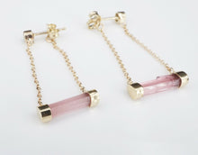 NWOT 14k Gold Raw Pink Tourmaline Bar Diamond Dangle Post Earrings 1.25" EG1836