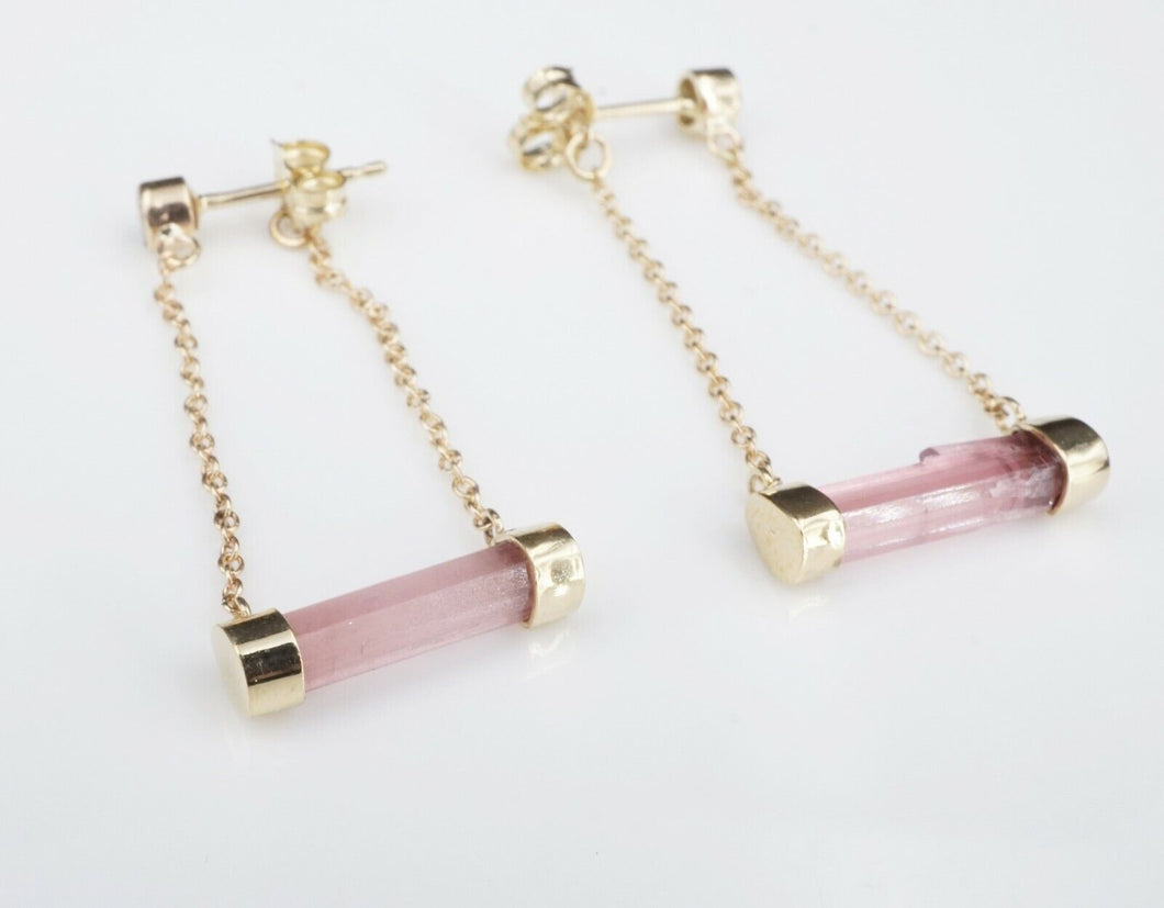 NWOT 14k Gold Raw Pink Tourmaline Bar Diamond Dangle Post Earrings 1.25