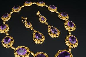 Antique Victorian Yellow Gold Amethyst Bib Necklace Earring Suite 16" NG1364