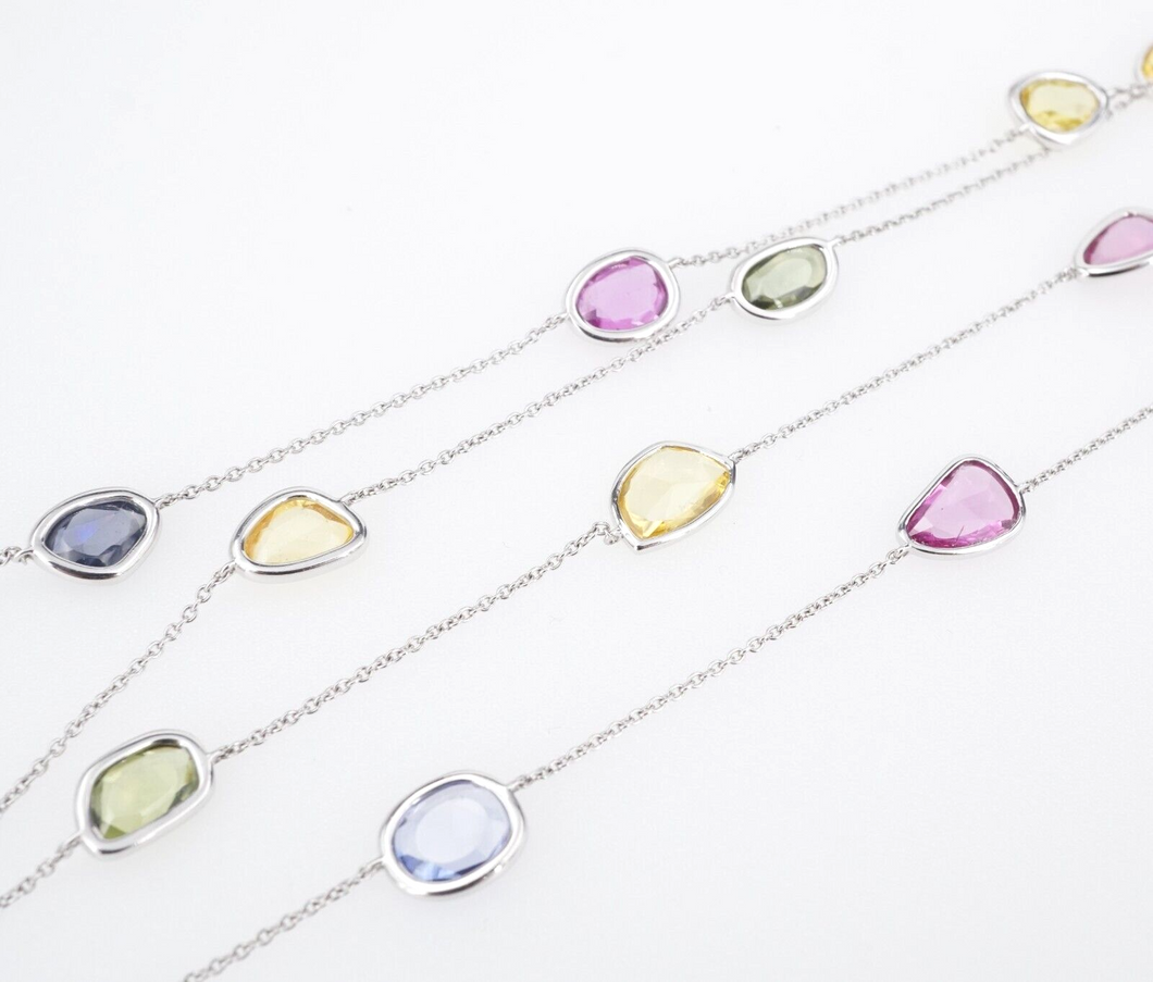 14k Station Necklace Rainbow Sapphire White Gold Multicolor 24ctw 36