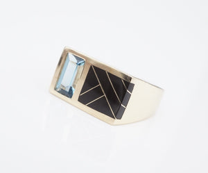 Kabana Inlay Signet Ring 14K Yellow Gold Onyx Blue Topaz Size 9 Designer RG4081