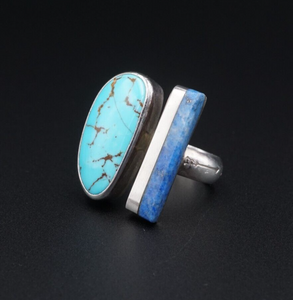 Marvin Slim Navajo Sterling Silver Ring Turquoise Lapis Bypass Size 7.5 RS3530