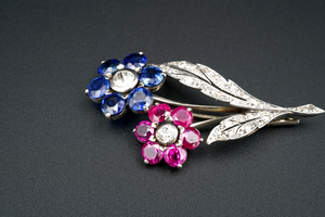 Antique Platinum Gold 5ct Sapphire Ruby Diamond Floral Pin Brooch 1.9" OG441