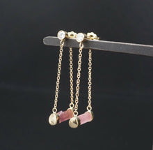 NWOT 14k Gold Raw Pink Tourmaline Bar Diamond Dangle Post Earrings 1.25" EG1836