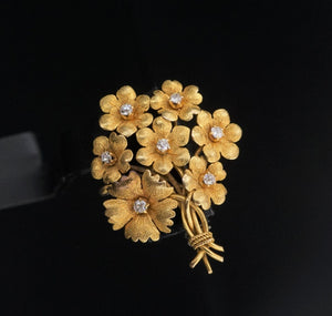 Antique 14k Yellow Gold Mine Cut Diamond Floral Bouquet Brooch 1.4" OG445
