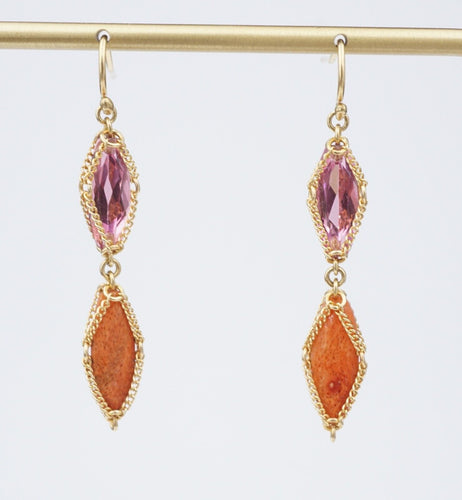 18k Pink Tourmaline Carved Coral Earrings Yellow Gold Dangle Modern 1.5