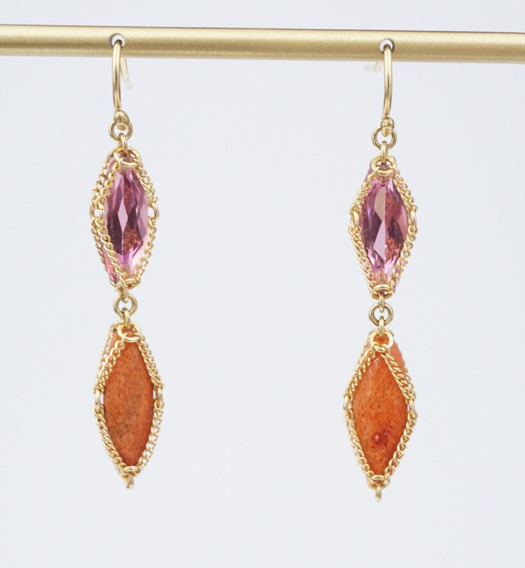 18k Pink Tourmaline Carved Coral Earrings Yellow Gold Dangle Modern 1.5