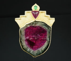 Large Artisan 18k Yellow Gold Watermelon Tourmaline Pendant Brooch 2.9" OG420