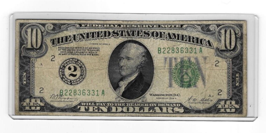 1928 Federal Reserve Bank New York $10 Note Redeemable in Gold Large 2 CN668