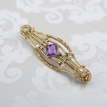 Vintage 14k Gold Bar Pin Brooch Yellow Gold Amethyst Seed Pearl 1/2" OG464