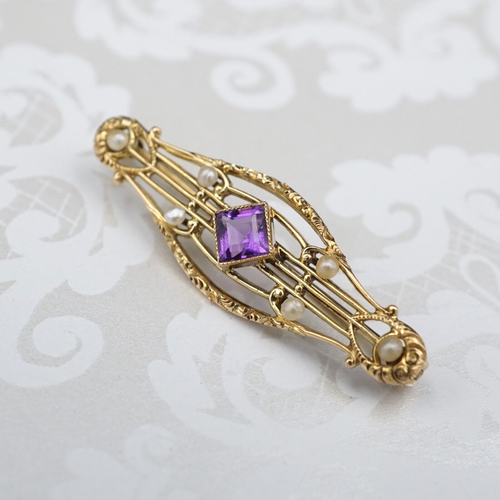 Vintage 14k Gold Bar Pin Brooch Yellow Gold Amethyst Seed Pearl 1/2