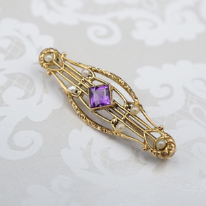 Vintage 14k Gold Bar Pin Brooch Yellow Gold Amethyst Seed Pearl 1/2" OG464