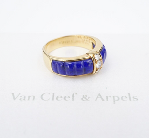 Van Cleef Arpels Ring Diamond Lapis Carved 18k Gold Sze 5.5 Yellow France RG4224