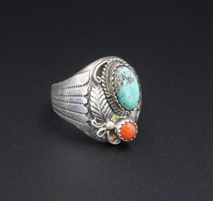 Navajo Oscar Alexius Sterling Silver Coral Turquoise Ring Size 10.25 RS3347