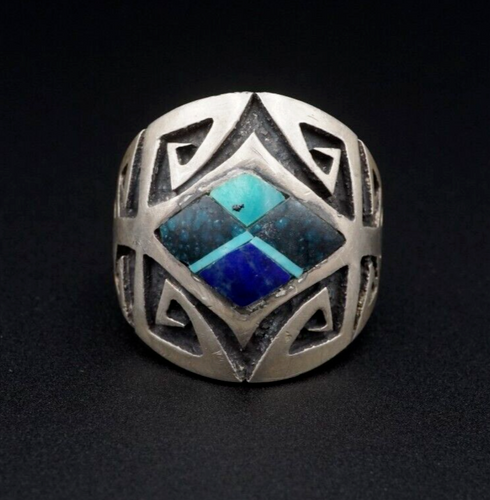 Vintage Sterling Silver Navajo Turquoise Lapis Ring Size 10.75 Signed RB RS3540