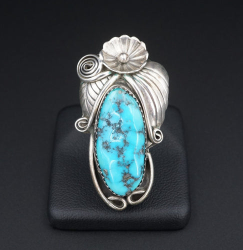Navajo Turquoise Squash Blossom Ring Size 7 Sterling Silver Vtg Signed B RS3388