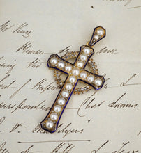 1870's Henry Tessier 18k Natural Pearl Diamond Enamel Cross Pendant w Box CO1032