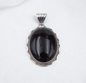 Navajo Yazzie Sterling Silver Pendant Black Onyx Cabochon 2.25" Vintage PS2121