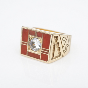 Ray Tracey 14k Ring Diamond Red Coral Inlay Navajo Gold Size 5.75 RG4310