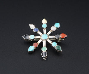 Zuni Sterling Silver Pendant Brooch Pin Artisan Halusewa Mixed Stone 1.2" PS2045