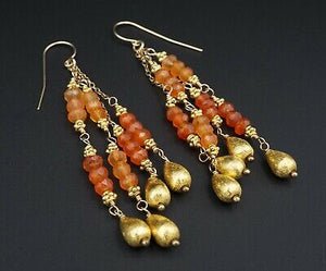 22k Carnelian Dangle Earrings Yellow Gold Bead Drop 3.2" EG1637