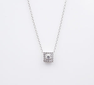 Diamond Halo Necklace 14k White Gold Square Fixed Pendant Natural 16" NG1612