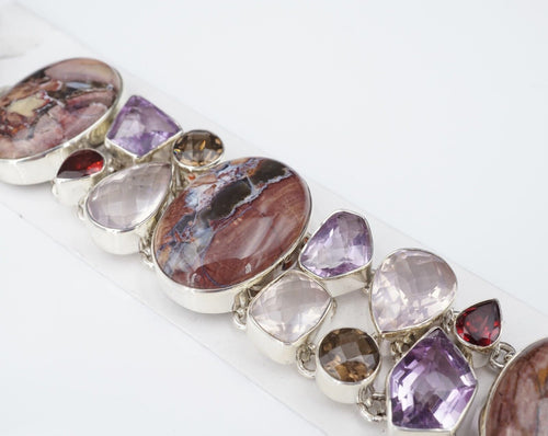 Signed Sj Chunky Sterling Silver Multi Gemstone Toggle Bracelet 7.75