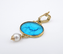 18K Gold Pearl Blue Venetian Glass Intaglio Lion Enhancer Pendant 1.8" PG1785