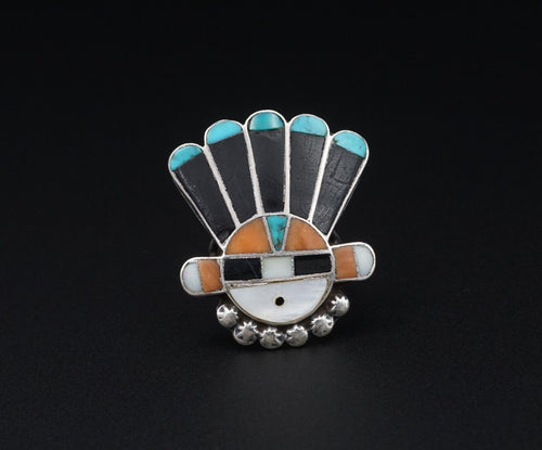 Authentic Zuni Inlay Sunface Sterling Silver Turquoise Ring Size 5.5 RS3522