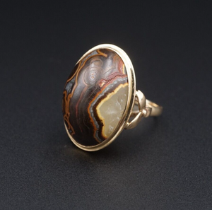 Vintage 14k Ocean Jasper Ring Yellow Gold 1" Size 7.5 RG4165