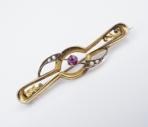 Vintage 9k Art Nouveau Pin Brooch Yellow Gold Tourmaline Seed Pearl 1.8