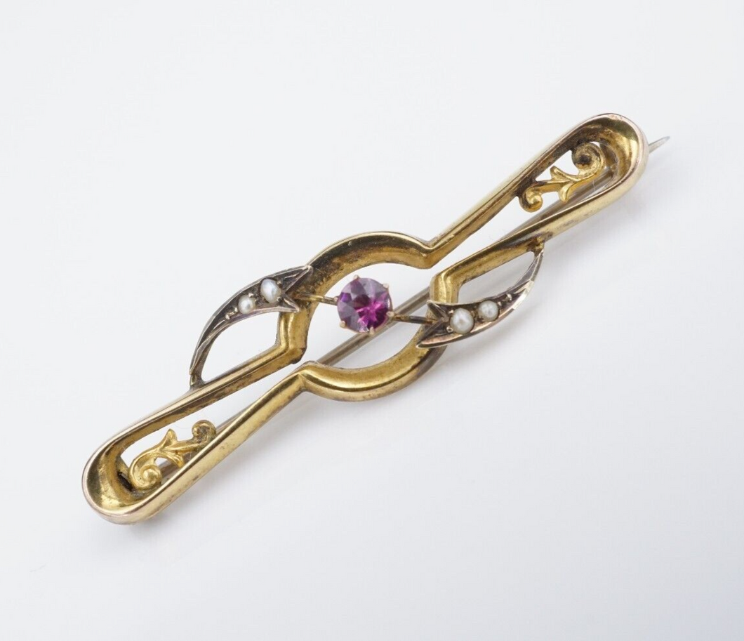 Vintage 9k Art Nouveau Pin Brooch Yellow Gold Tourmaline Seed Pearl 1.8