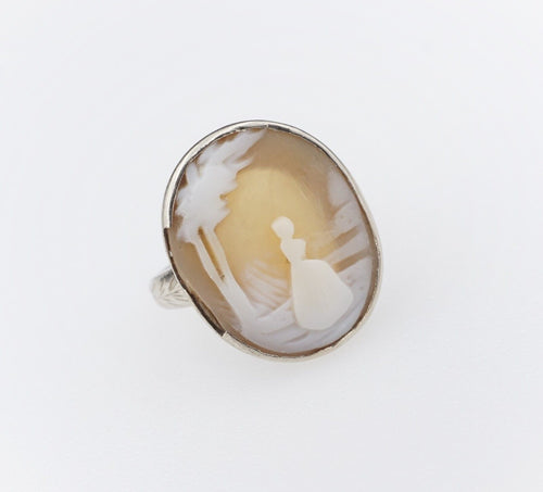 Vintage 14k White Gold Carved Unique Cameo Pinky Ring Size 3 RG3770