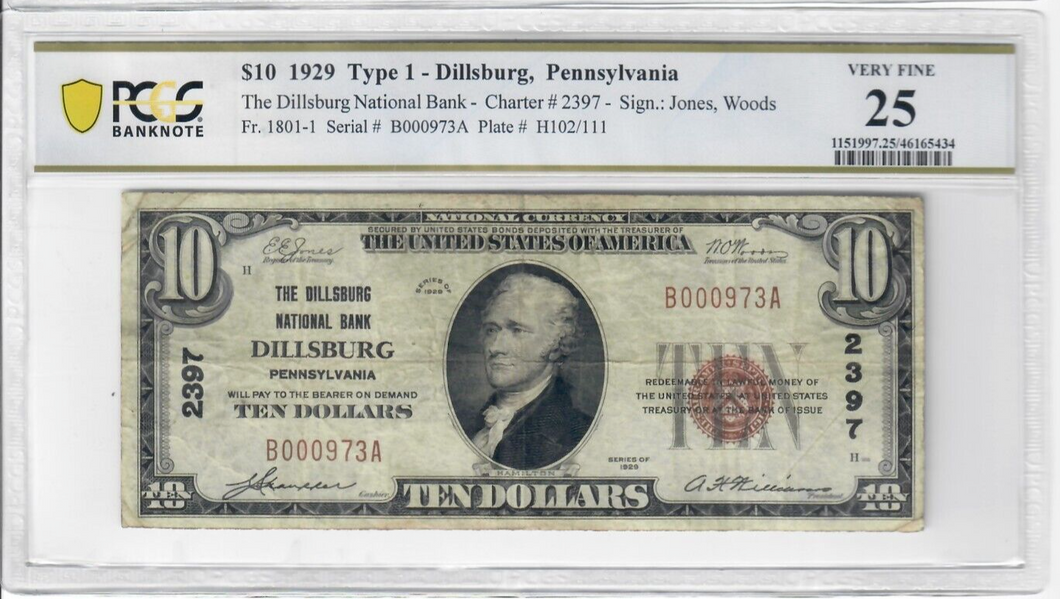 1929 Dillsburg National Bank Type 1 $10 Note National Currency PCGS 25 2397 CN
