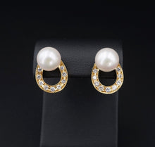 18k Yellow Gold Pearl Diamond Horseshoe Earrings Stud Equestrian 0.6" EG2264