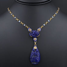 Antique 14k Yellow Gold Enamel Carved Lapis Floral Y Pendant Necklace 17" NG1462