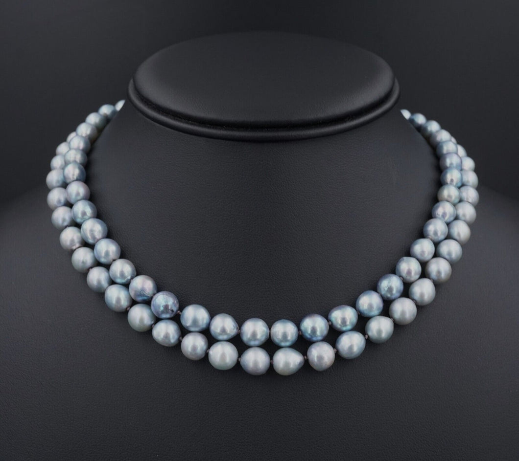 Vintage 10k Blue Pearl Double Strand Choker Necklace White Gold 7mm 15