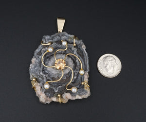 Vintage Abstract 14k Gold Druzy Slab Pearl Pendant 2.5" PG1551