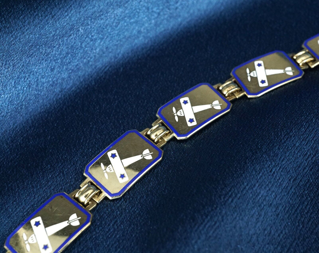 Circa 1915 14k Airplane Enamel Bracelet Yellow Gold 7