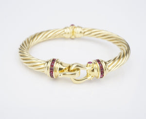David Yurman Buckle Cable Classic Bangle Bracelet Ruby 18k Yellow Gold 7mm BG918