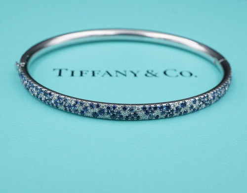 Tiffany & Co Pave Diamond Sapphire Metro Hinged Bangle Bracelet 18k 6.5