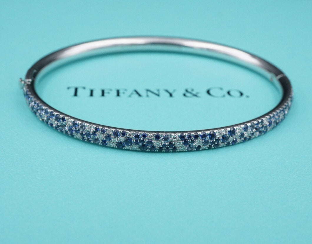 Tiffany & Co Pave Diamond Sapphire Metro Hinged Bangle Bracelet 18k 6.5
