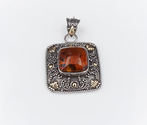 18k Sterling Silver Amber Pendant Yellow Gold SUARTI 2" Bali BA PS2016